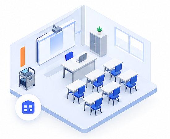 Ilustração de sala de aula com recursos compartilhados