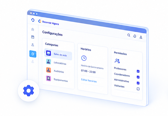 Painel de configuração com categorias, horários e permissões